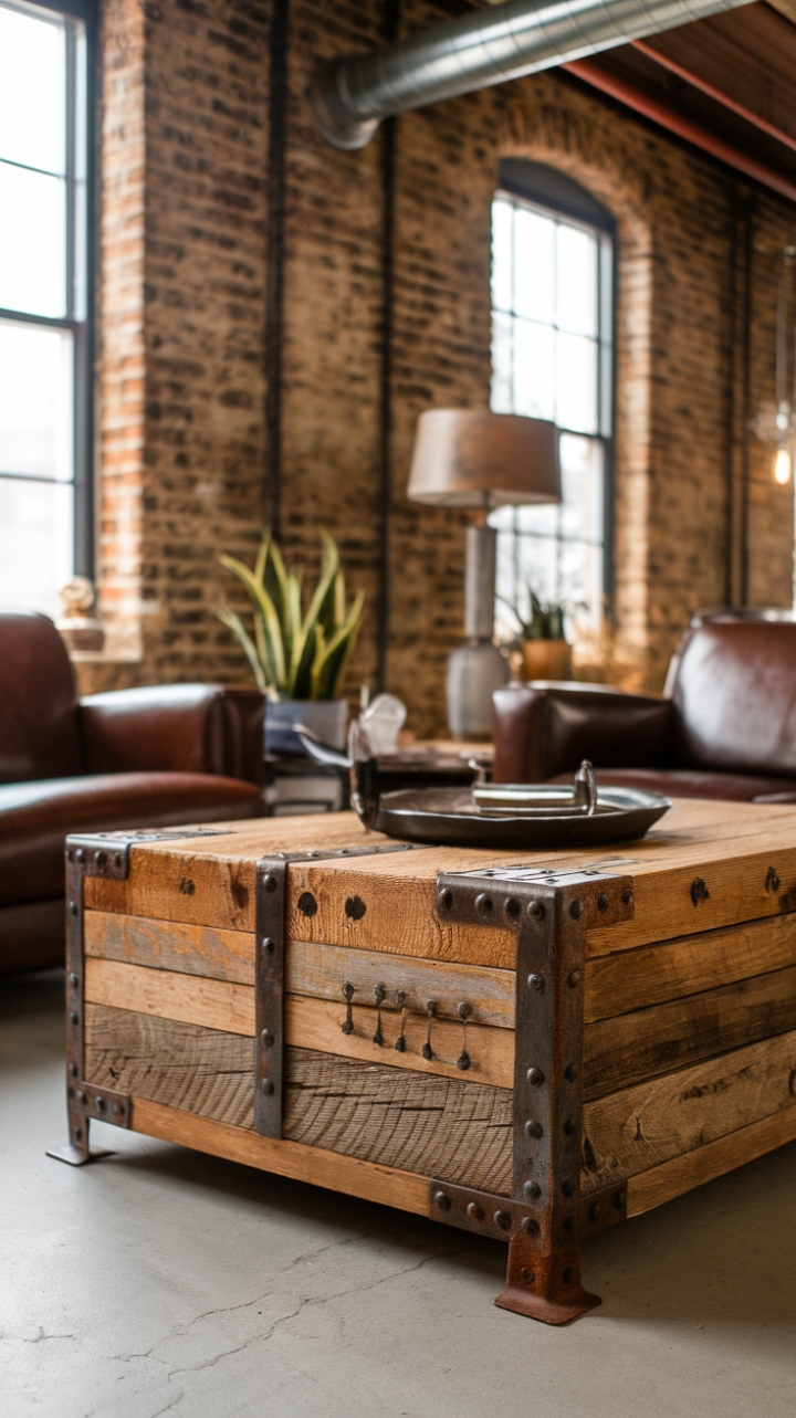 Ready to infuse your space with raw, industrial charm? This vintage coffee table, crafted from reclaimed wood with a beautifully weathered patina and accented by rusty metal, is the perfect centerpiece for a loft-style haven. Its character-rich surface tells a story, while the minimalist design keeps the focus on its unique beauty. Imagine it nestled amongst exposed brick and pipework, complemented by a simple plant and a well-loved book.