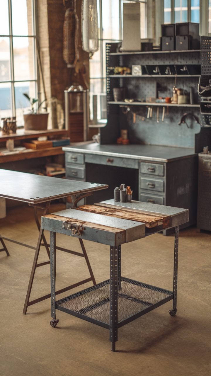 Ready to rediscover the romance of raw, industrial chic? This loft's vintage workbench, reclaimed wood accents, and steel-topped desk create a workspace brimming with character and history, a testament to timeless style and rugged beauty.