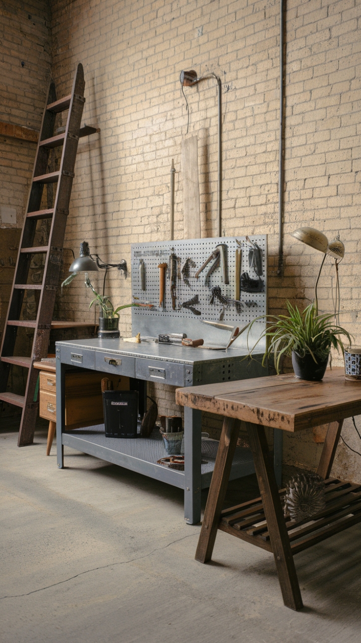 Ready to revamp your workspace? Imagine: raw brick walls, a symphony of textures from reclaimed wood and cool metal, and the comforting weight of history in every piece. This vintage industrial haven, complete with a trusty workbench, a charming desk, and a rustic table, whispers tales of creativity and craftsmanship. The concrete floor grounds the space, while a loft-style ladder hints at hidden potential. It's a space where inspiration thrives.