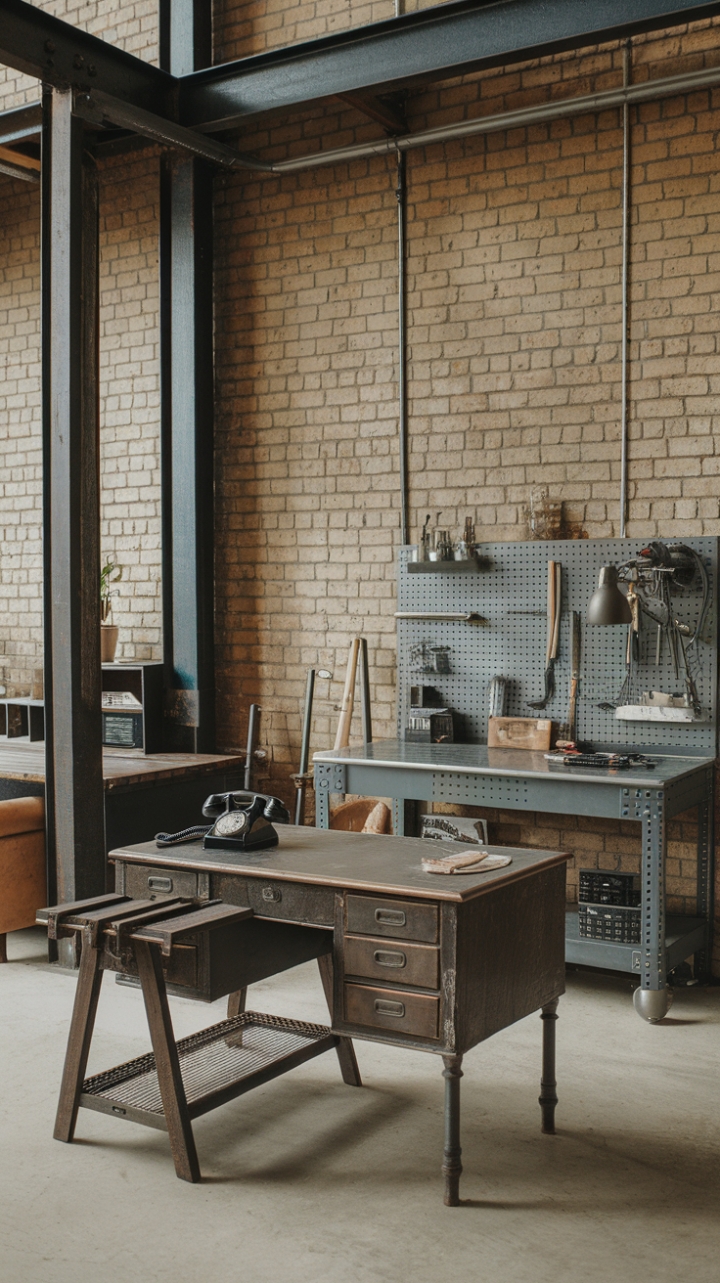 Ready to transform your workspace? Imagine the perfect blend of rustic charm and industrial edge: a vintage desk whispers tales of bygone eras, its surface adorned with a retro telephone and carefully curated objects. Nearby, a sturdy metal workbench, complete with tools and a task lamp, stands ready for action. A reclaimed wood table adds a touch of warmth, completing this captivating scene set against exposed brick and steel beams. This isn't just a workspace; it's a statement.
