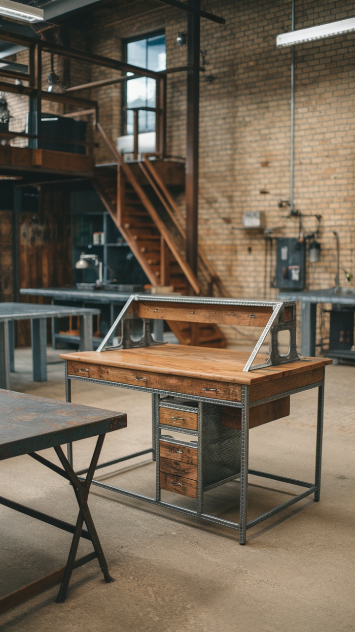 Ready to revamp your workspace? This industrial haven boasts a reclaimed wood desk with a striking metal frame, paired perfectly with a rustic steel table. Exposed brick, a concrete floor, and a wooden ladder add to the loft-style charm, creating a space that's both functional and undeniably cool. The metal workbenches and industrial lighting complete the look.