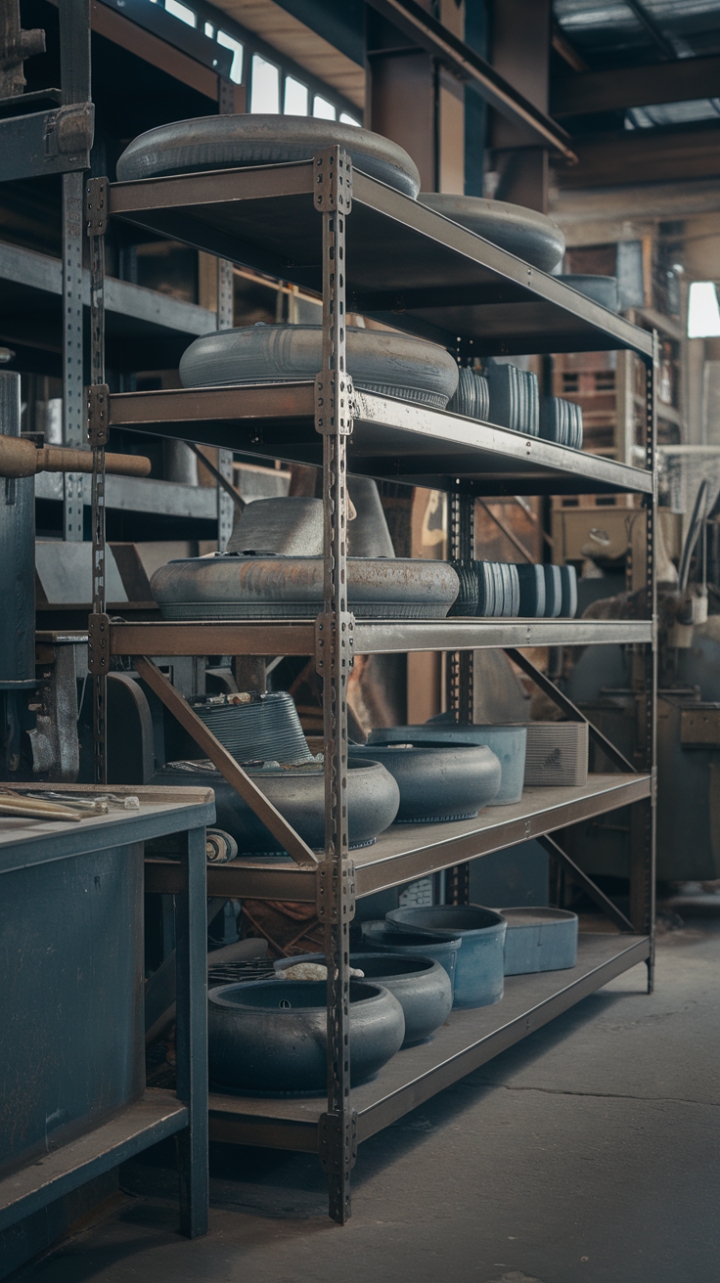 Unleash your inner urbanite with this raw, industrial-chic shelving unit. Its robust steel frame and multi-tiered design offer a captivating blend of vintage grit and modern functionality, perfect for showcasing your curated collection of tools, treasures, and design-forward finds. The aged metal whispers tales of bygone eras, adding a layer of authentic character to any space.