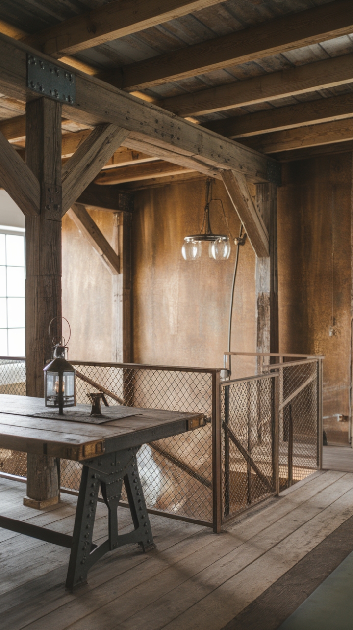 Ready to fall in love with rustic charm? This farmhouse loft boasts exposed wooden beams, a metal staircase railing, and a distressed wooden table that whispers tales of bygone eras. The vintage lantern adds a touch of warmth, perfectly complementing the rugged, antique-finished walls and reclaimed wood floors. It's a space where history meets modern comfort.