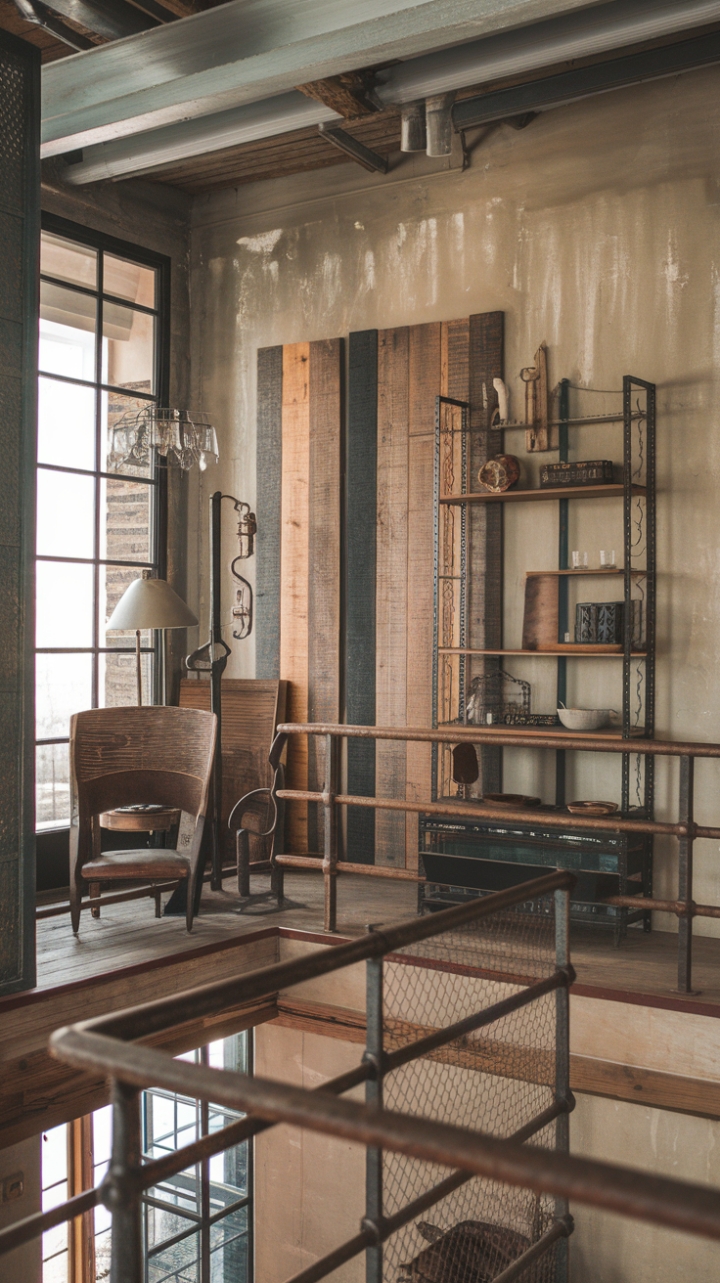 Raw textures and vintage finds collide in this stunning industrial farmhouse. The loft's metal railing adds an airy feel, while the reclaimed wood accents and rustic metal details ground the space in authentic character. A perfectly imperfect aesthetic, brimming with warmth and personality.