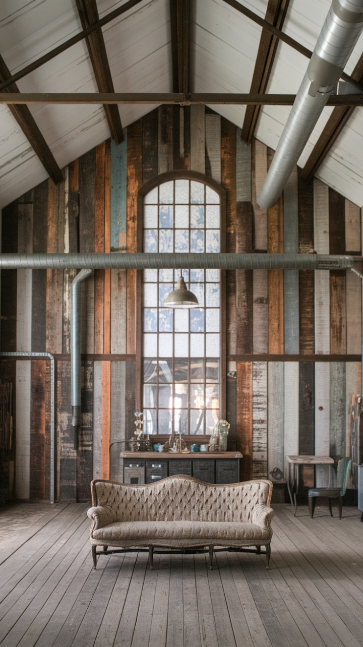 Reclaimed wood walls, a soaring ceiling, and vintage industrial accents create a rustic haven where farmhouse charm meets urban grit. The wide-plank floors and patterned vintage sofa add layers of texture and warmth to this captivating loft-style space. A symphony of aged wood, exposed metal, and lived-in luxury.