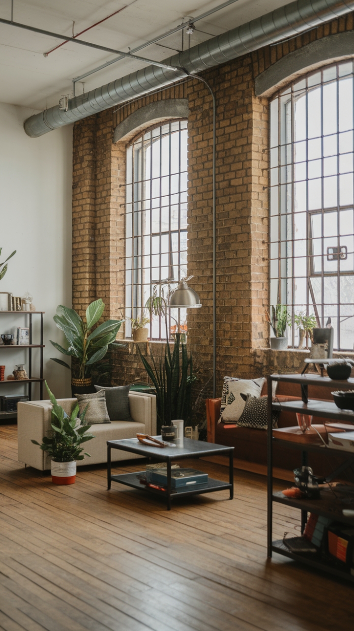 Concrete cool meets vintage charm in this breathtaking industrial loft. Reclaimed materials and exposed brick walls create a captivating backdrop for a curated collection of furniture and pops of greenery. A symphony of textures and a testament to the beauty of imperfection, this space is an urban sanctuary redefined.