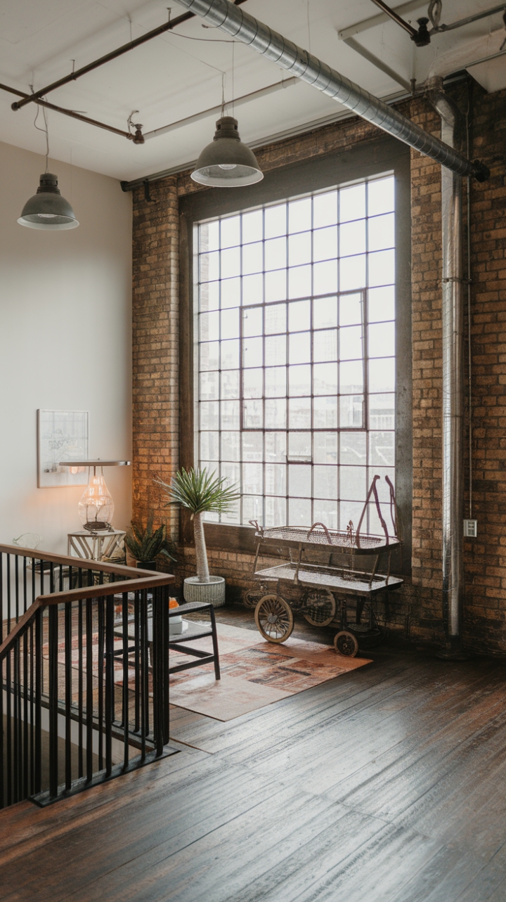 High ceilings and expansive windows flood this industrial-chic haven with natural light, highlighting the raw beauty of the exposed brick and the warmth of the reclaimed wood. A carefully chosen few pieces—a vintage industrial cart, a sculptural lamp, and a thriving plant—add personality without sacrificing the space's airy, minimalist aesthetic.