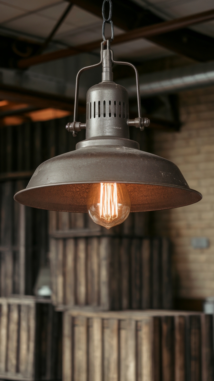 Raw, refined, and undeniably cool. This vintage industrial lamp, suspended in a warehouse setting, transforms a simple space into a statement of edgy elegance. The exposed bulb and rustic textures create an atmosphere of captivating warmth.