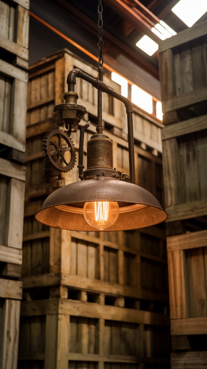 Ready to infuse your space with raw, industrial charm? This vintage factory lamp, a masterpiece of rustic metalwork and exposed Edison bulb brilliance, hangs suspended in time, its gears and pipes whispering tales of bygone eras. The warm glow casts a captivating light on surrounding wooden crates, creating a scene ripe for inspiration.