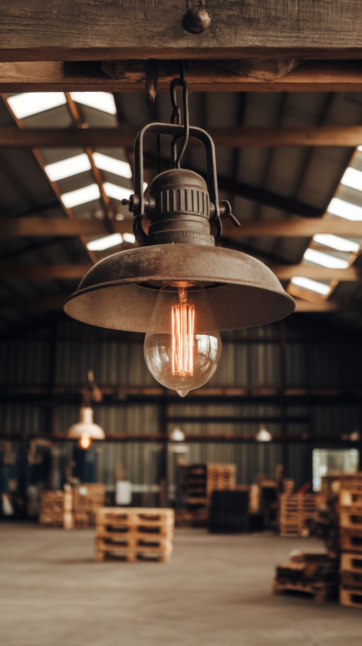 Imagine the stories this lamp could tell! Hanging in a vast warehouse, its aged metal and exposed bulb create a captivating focal point. The warm light it emits perfectly complements the rustic charm of the wooden beams and pallets, transforming the space into a haven of industrial-chic style.