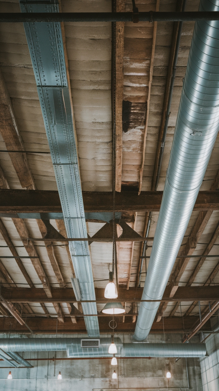 Imagine the possibilities: this breathtaking industrial ceiling, a masterful blend of exposed beams and aged metal, transforms any room into a haven of raw, urban elegance. The vintage textures and bold lines create a captivating focal point, perfect for a space that demands attention.