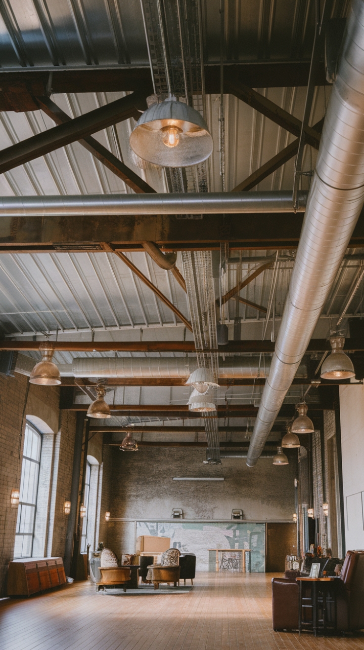 Unveiling the urban heart: This warehouse-inspired haven boasts a dramatic ceiling of exposed metal and ductwork, softened by warm wood floors and thoughtfully chosen furnishings. A symphony of textures and light awaits.