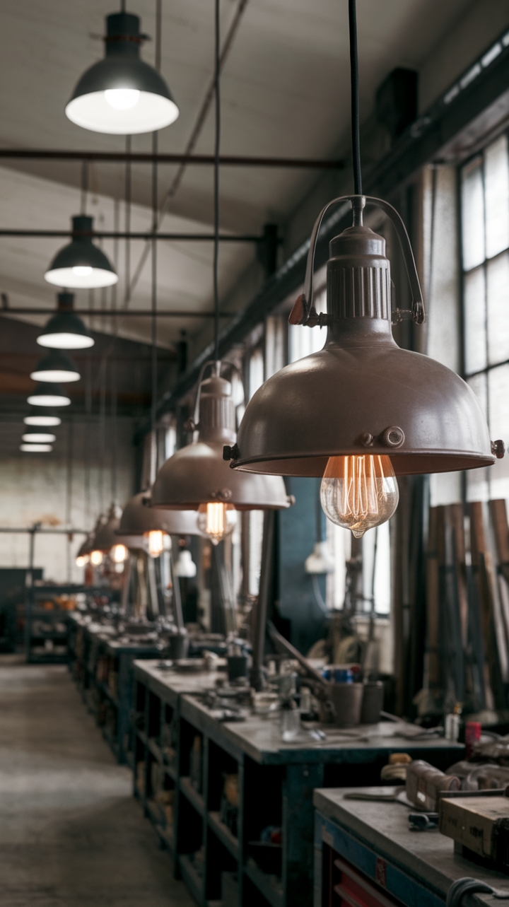 Raw, reclaimed, and utterly captivating. This vintage industrial factory space, bathed in the warm glow of exposed-bulb pendant lights, transforms the mundane workbench into a masterpiece of functional design. The concrete floor, the scattered tools, the high ceilings—every detail whispers a story of creative grit and timeless style.