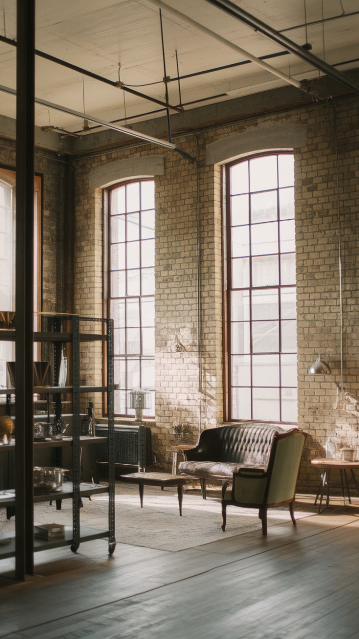 Imagine cozy evenings in this captivating industrial loft. Raw brick walls meet the warmth of vintage furniture, creating a space that's both stylish and inviting. Metal accents and minimalist design elements complete the look, resulting in a truly unique and unforgettable living space.