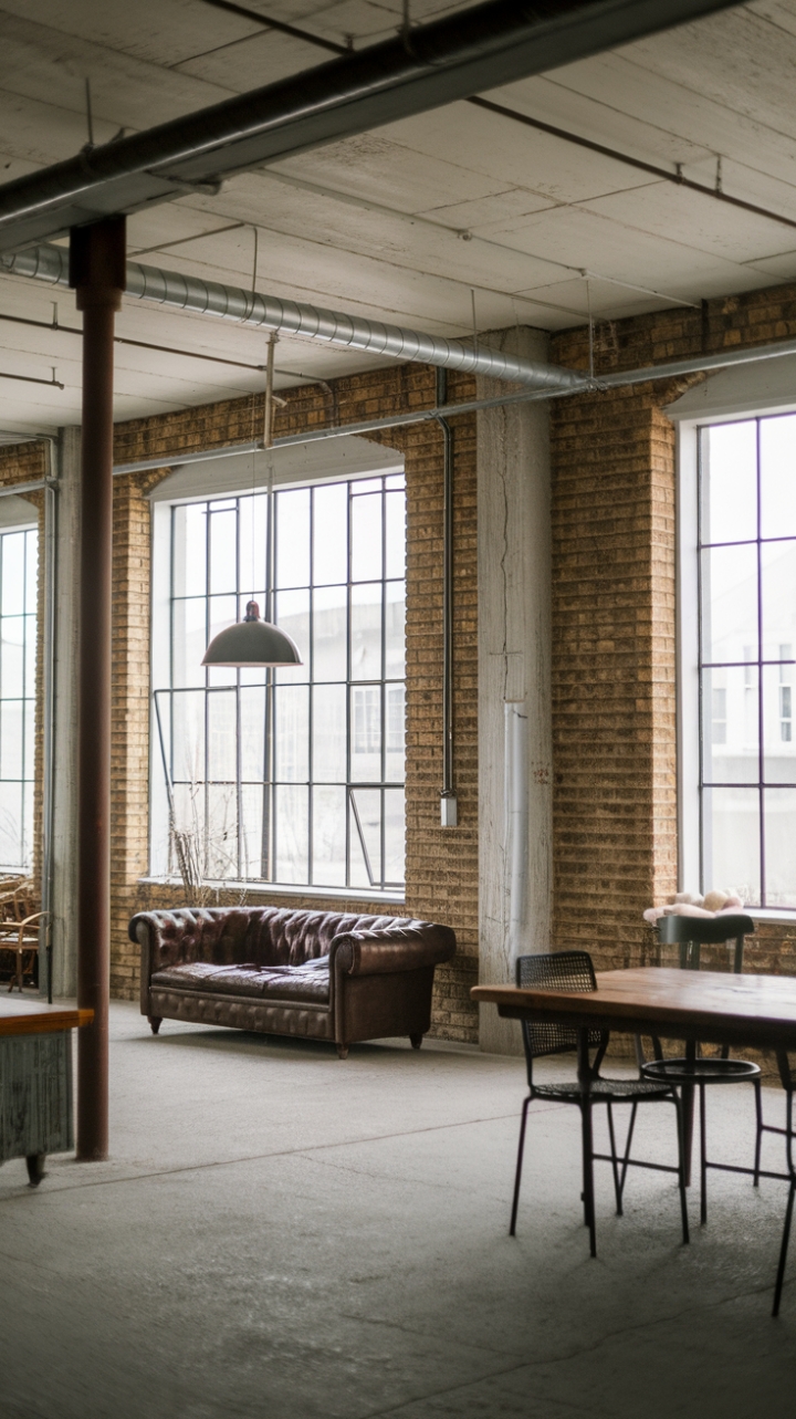 Ready to fall for raw, urban chic? This minimalist industrial loft marries exposed brick and high ceilings with the warmth of vintage finds. A worn leather sofa sits invitingly alongside a rustic dining table, all anchored by a polished concrete floor. Metal accents, from a striking pendant light to subtly industrial piping, add a touch of edgy refinement.