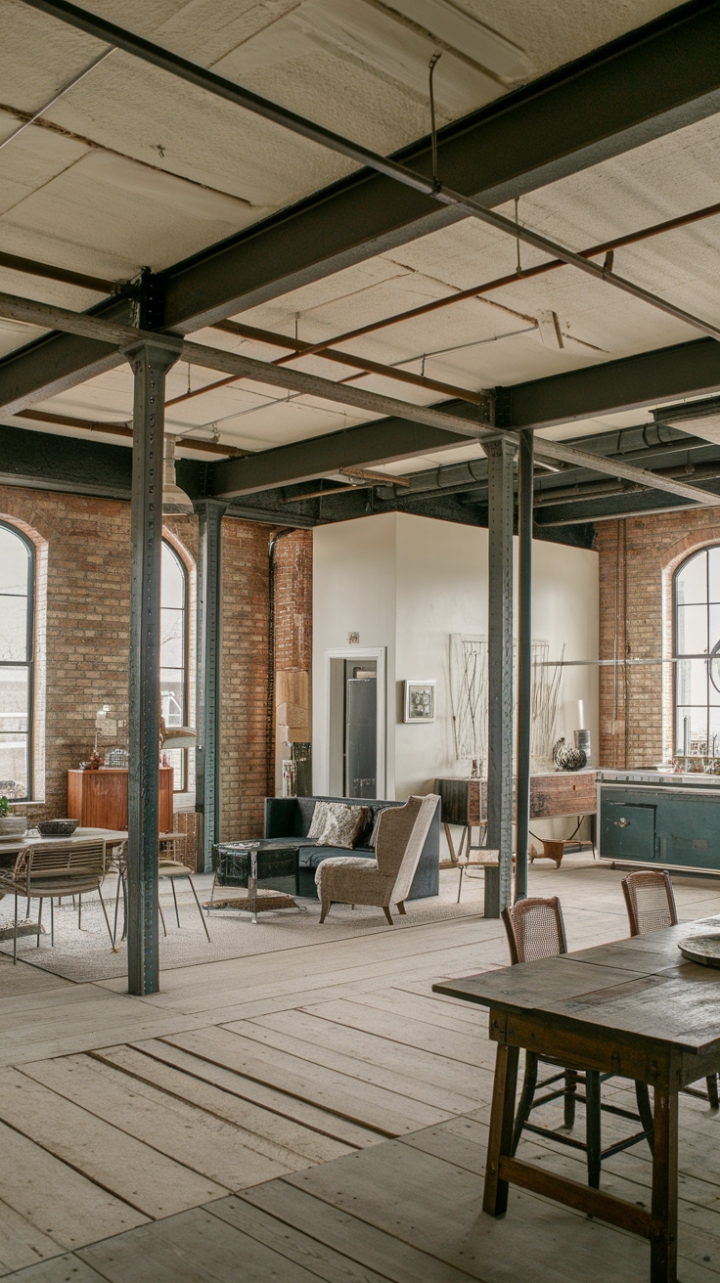 Craving a space that's as unique as you are? This industrial loft delivers. Raw wood floors, exposed metal beams, and vintage accents combine to form a captivating blend of textures and styles. The open-plan layout is perfect for entertaining, while the minimalist design keeps the focus on the stunning architectural details. It's urban living at its finest.