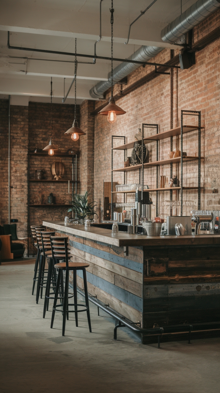 Ready to trade your tired Tuesday for a trendy Tuesday night? This industrial-chic bar, crafted from reclaimed wood and punctuated by vintage lighting, is the perfect blend of urban grit and minimalist cool. Exposed brick walls add texture, while a smattering of greenery softens the hard edges.