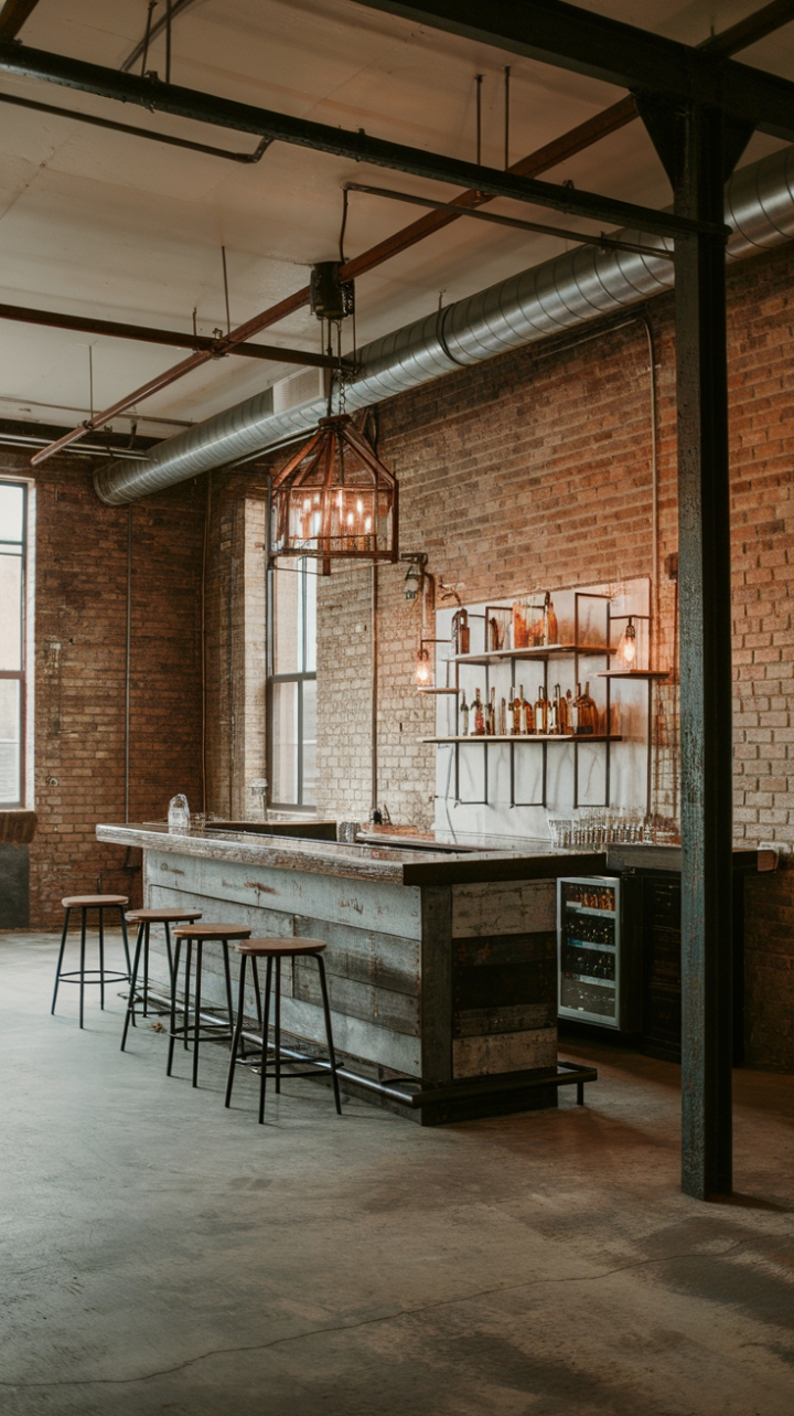 Raw urban grit meets refined sophistication in this industrial loft, where exposed brick and concrete floors play host to a reclaimed wood bar, vintage lighting, and a curated collection of spirits. The minimalist aesthetic allows the textures and materials to take center stage, creating a space that's both stylish and inviting.
