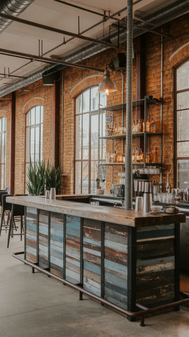 Ready to transform your space into an urban oasis? This industrial-chic bar, crafted from reclaimed wood and set against a backdrop of exposed brick, is the perfect blend of rustic charm and modern edge. Vintage lighting and metal fixtures add a touch of factory flair, while a few strategically placed chairs and a lush potted plant soften the look, creating a space that's both stylish and inviting.