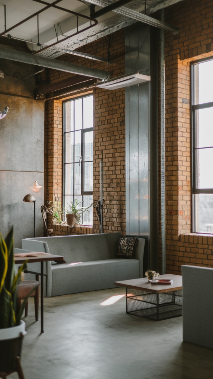 Raw urban grit meets refined minimalism in this industrial loft. Exposed brick, concrete, and metal accents create a dramatic backdrop for a surprisingly cozy living space, anchored by a plush sofa and punctuated by a touch of greenery.