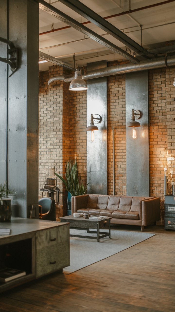 Imagine cozy nights in this modern industrial loft. Raw concrete, exposed brick, and metal accents create a dramatic backdrop, while the carefully chosen furniture and warm lighting ensure the space feels surprisingly inviting and lived-in. The perfect blend of urban grit and comfortable sophistication.