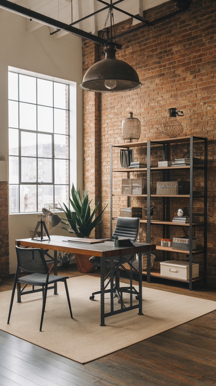 Unleash your inner architect in this raw, refined loft office. Exposed brick whispers industrial chic, while a curated mix of metal and wood furnishings adds warmth and personality. The high ceilings and abundant natural light create an inspiring workspace where creativity thrives.