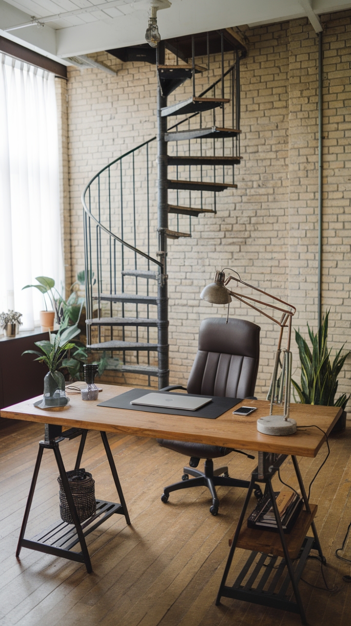 Raw industrial meets refined minimalism in this breathtaking loft office. Exposed brick walls and a dramatic metal spiral staircase create a captivating backdrop for a workspace defined by clean lines and thoughtful details. A large wooden desk, punctuated by a vintage industrial lamp, provides the perfect setting for creative productivity.