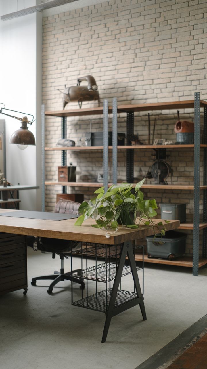 Ready to revamp your workspace? This modern industrial home office boasts a stunning blend of raw textures and minimalist design. A large wooden desk anchors the space, complemented by a vintage industrial lamp and a metal storage rack, all set against a backdrop of exposed brick and concrete flooring. The carefully curated accessories add character without cluttering the clean lines.