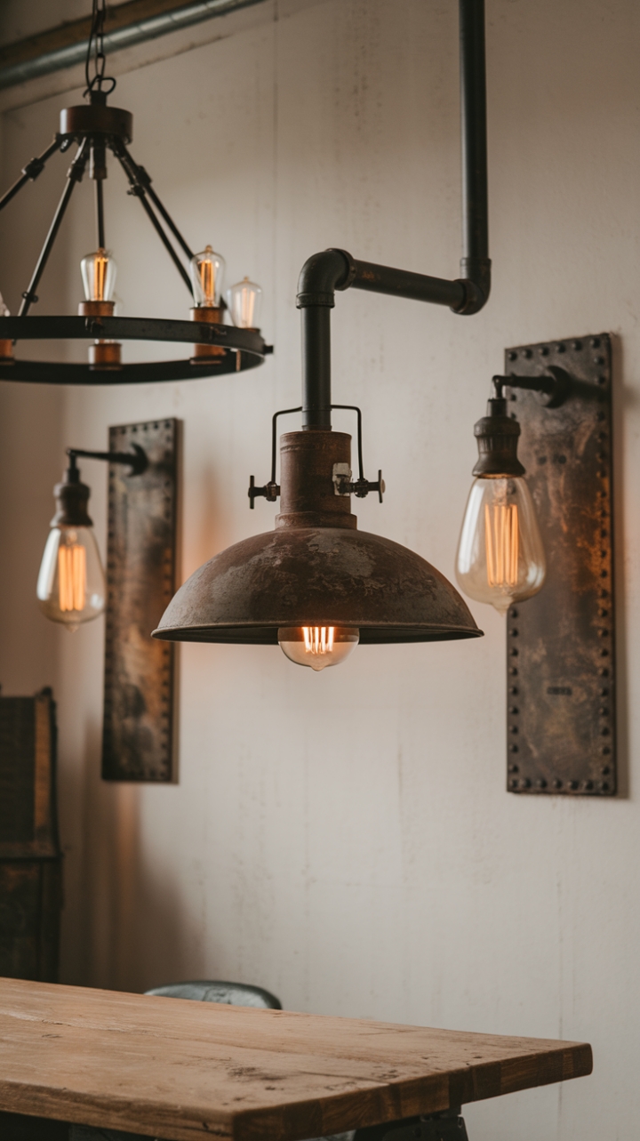 Vintage industrial lighting transforms this farmhouse into a haven of rustic sophistication. A distressed metal pendant light hangs low over a weathered wood table, its raw texture complemented by a striking farmhouse chandelier and wall-mounted sconces. The overall effect is a captivating blend of warehouse style and country charm.