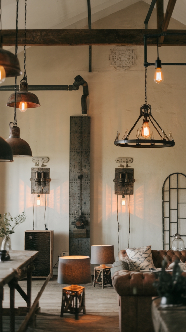 Imagine cozy evenings bathed in the soft, warm light of this exquisitely styled farmhouse. Industrial pendant lights and wall fixtures, paired with a rustic chandelier and vintage metal lamps, create a captivating interplay of textures and light. The overall effect is a space that's both stylish and incredibly inviting, a true sanctuary of comfort and design.