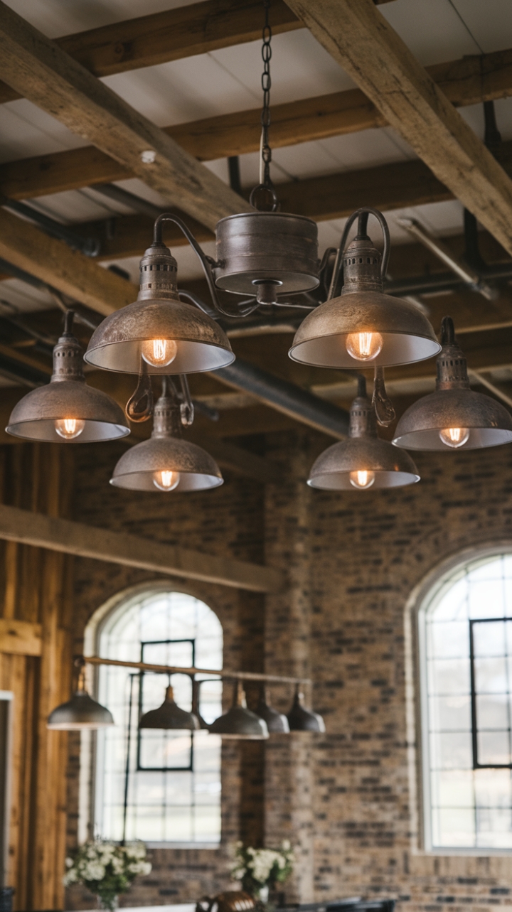 Imagine evenings spent under the soft light of this stunning industrial-farmhouse haven. A dramatic chandelier, crafted from vintage metal and antique bulbs, takes center stage, its multiple branches reaching out like welcoming arms. The exposed brick and wooden beams add a layer of rustic texture, while barn pendant lights above the dining area create a cozy ambiance. A perfect fusion of styles for the discerning homeowner.