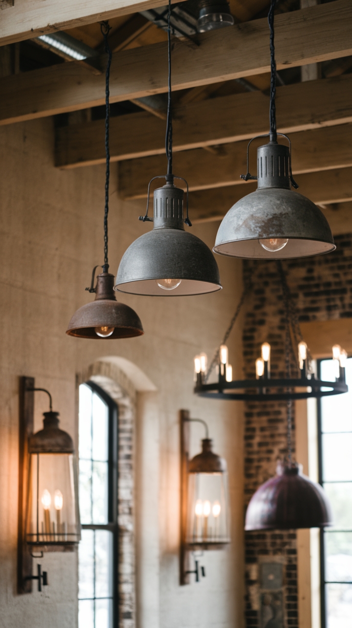Ready to fall in love with the perfect blend of rustic charm and industrial edge? Imagine evenings bathed in the warm glow of three vintage industrial pendants, their distressed metal shades whispering tales of bygone eras, complemented by a farmhouse chandelier's dazzling display and the soft light of a barn pendant near a sun-drenched window. Exposed brick, wooden beams, and distressed metal sconces complete this captivating scene, a testament to the beauty of lived-in spaces.
