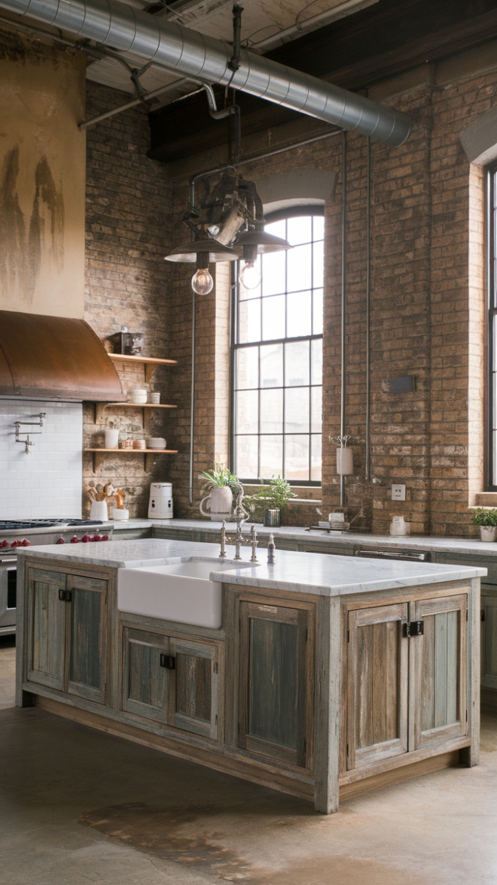 Ready to fall in love with the perfect blend of rustic charm and industrial edge? This open-concept kitchen boasts soaring ceilings, exposed brick, and reclaimed wood cabinets, all anchored by a stunning marble island and a farmhouse sink. The vintage industrial lighting adds the perfect touch of character.