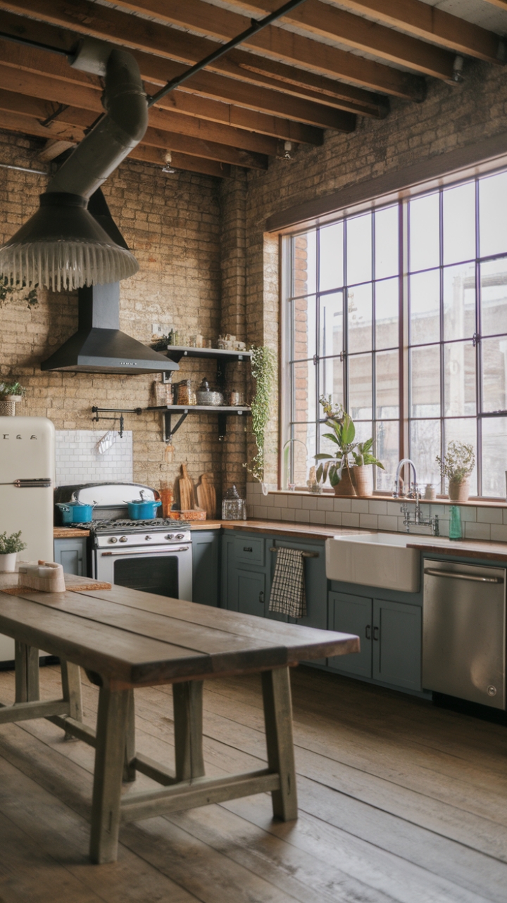 Ready to fall in love with a kitchen that seamlessly blends rustic charm and industrial edge? Exposed brick whispers stories of the past, while a soaring wooden ceiling and generous windows bathe the space in natural light. A long, reclaimed wood table anchors the heart of this home, perfect for gatherings both grand and intimate. The vintage-inspired appliances and thoughtfully placed greenery complete the look, creating a space that's both strikingly beautiful and wonderfully lived-in.