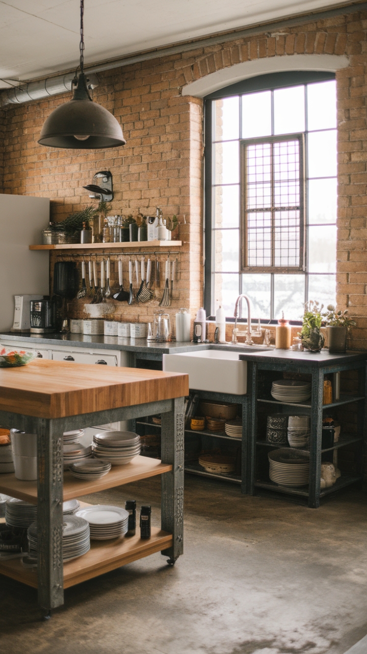 Ready to fall in love with the perfect blend of rustic charm and industrial edge? This open-concept kitchen boasts a reclaimed wood island topped with a thick butcher block, its warmth perfectly offset by exposed brick walls and a vintage industrial window grate. Copper cookware hangs above, adding to the lived-in, yet stylish feel, all grounded by a cool concrete floor.