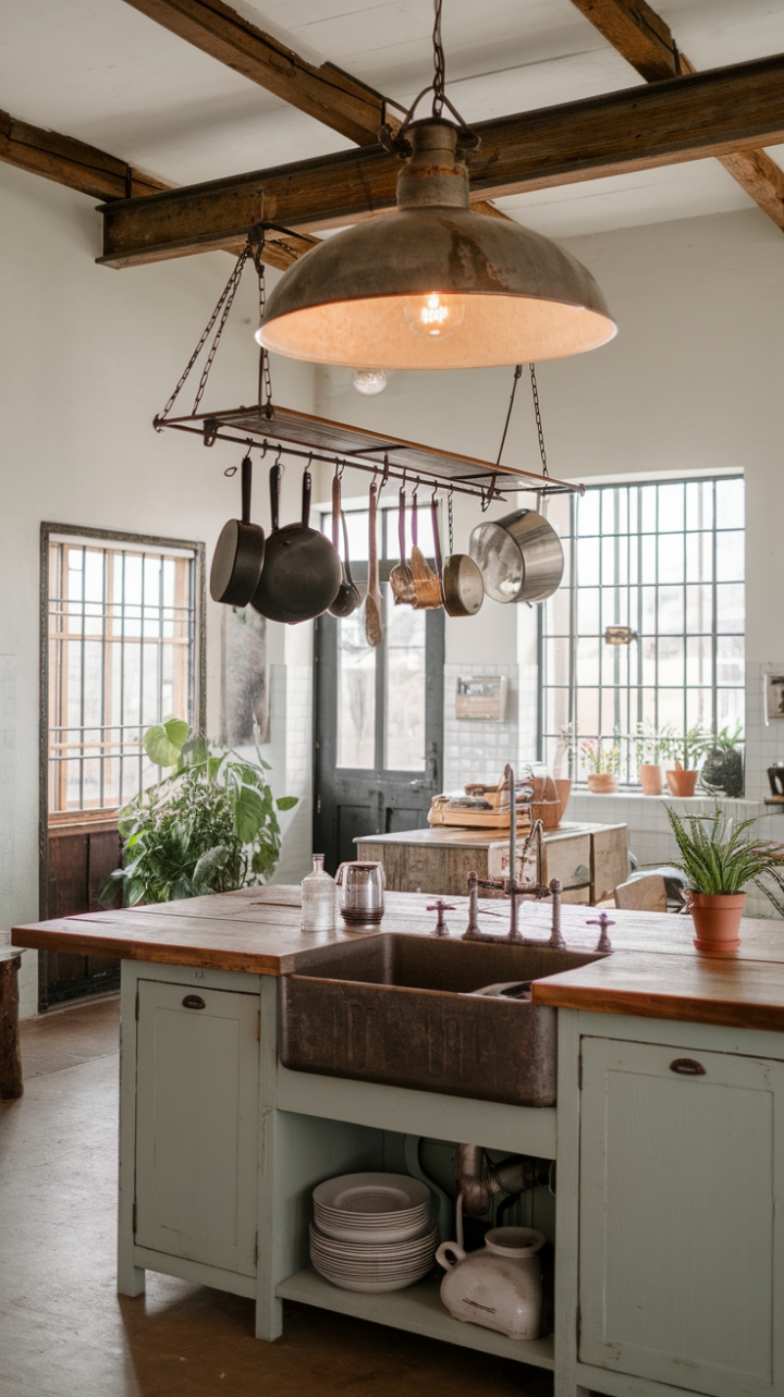 Imagine waking up to this: A sun-drenched industrial farmhouse kitchen where vintage details meet modern convenience. The massive island, crafted from reclaimed wood, is a showstopper, complete with a unique industrial sink and a stunning array of hanging cookware. High ceilings and white walls create a bright and airy feel, while the rustic touches and charming window add undeniable character. This isn't just a kitchen; it's a statement.
