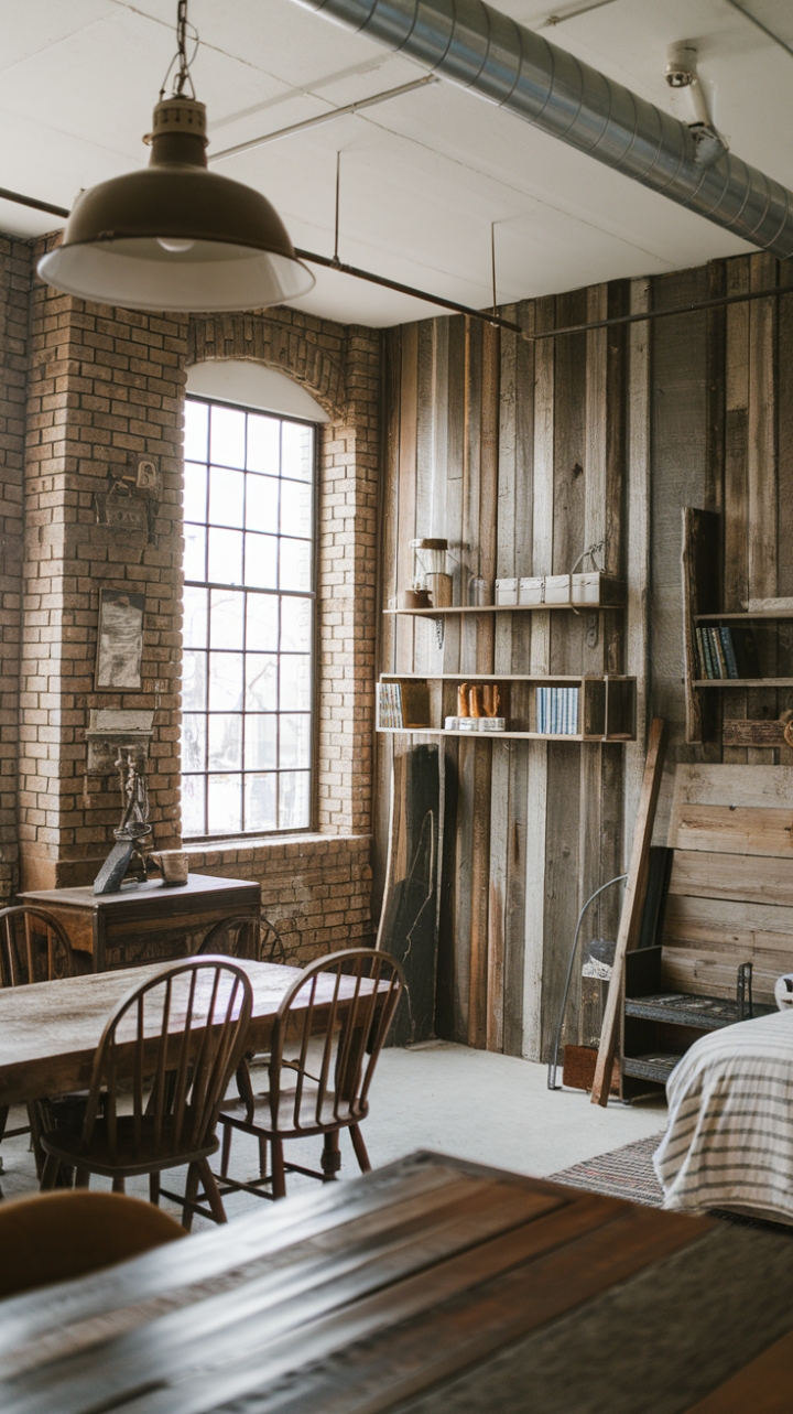 Imagine cozy evenings spent around a vintage wooden table, bathed in the warm glow of an industrial pendant light. Reclaimed wood whispers stories of the past, while the exposed brick adds a touch of raw, urban cool. This isn't just a room; it's a statement.