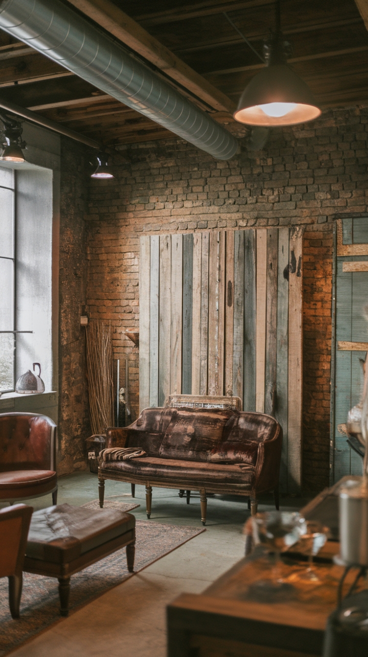 Vintage industrial style shines in this captivating home. Exposed brick walls provide a raw backdrop for the carefully curated mix of rustic furniture and reclaimed wood accents, creating a space that's both lived-in and luxuriously inviting.