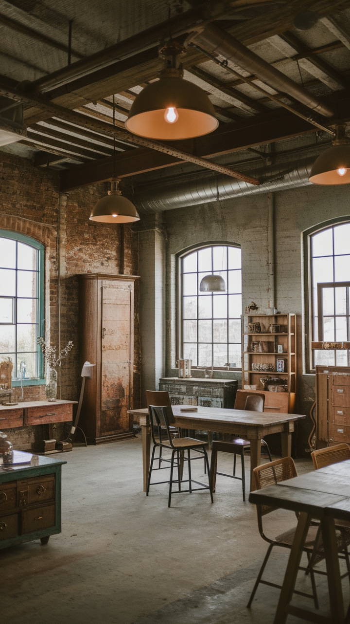 Imagine cozy evenings spent around a weathered wooden table in this stunning industrial farmhouse. Reclaimed wood, exposed brick, and vintage finds blend seamlessly, creating a space that's both rustic and refined. The high ceilings and unique lighting fixtures add a touch of drama, while the concrete floors provide a grounding element.