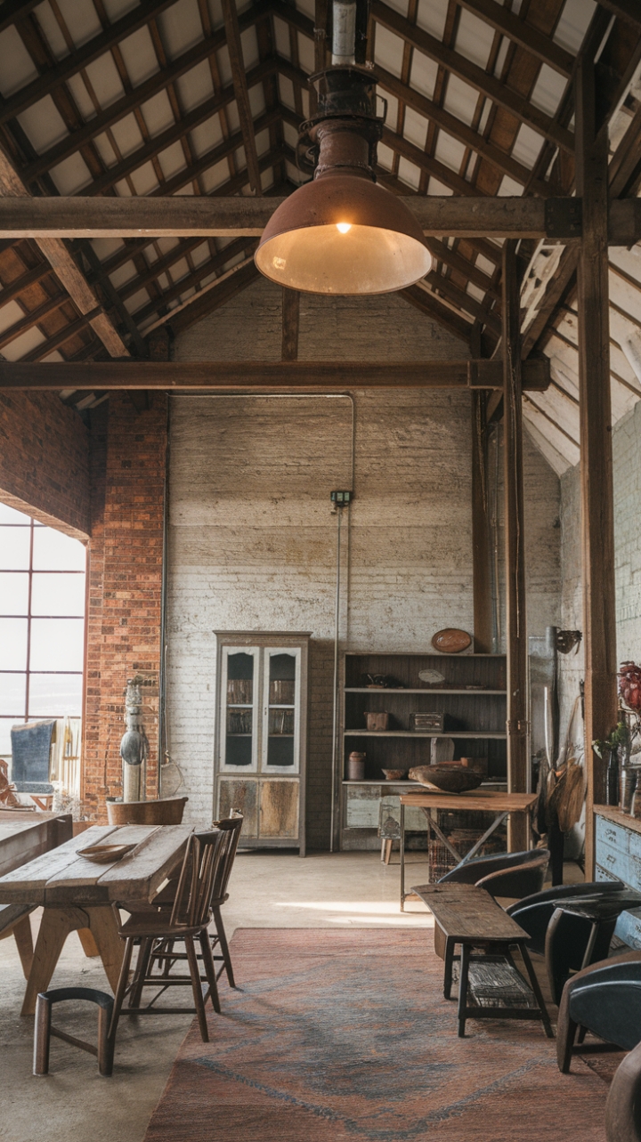 Reclaimed wood and exposed brick sing a symphony of rustic elegance in this barn-inspired space. A vintage industrial light fixture casts a warm glow on a thoughtfully curated collection of vintage furniture and rustic accents, creating a home filled with character and timeless appeal.