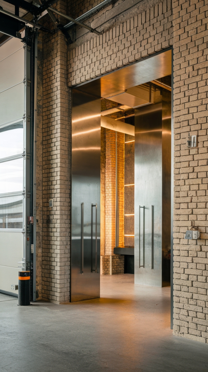 Imagine arriving home to this: a dramatic industrial foyer bathed in warm light, where exposed brick whispers stories of the building's past, and metallic details gleam with modern edge. The concrete floor grounds the space, creating a dynamic and inviting entrance.