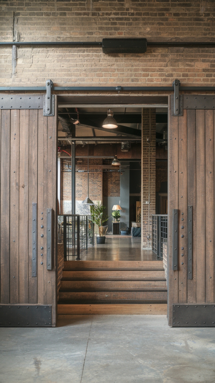 Raw industrial chic meets refined comfort. Massive wooden doors, punctuated by gleaming metal hardware, command attention in this breathtaking entryway. Exposed brick whispers tales of the building's past, while modern metallic accents and a touch of greenery soften the space, creating an unexpected blend of textures and styles. The concrete floor grounds the design, leading the eye towards the inviting loft beyond.