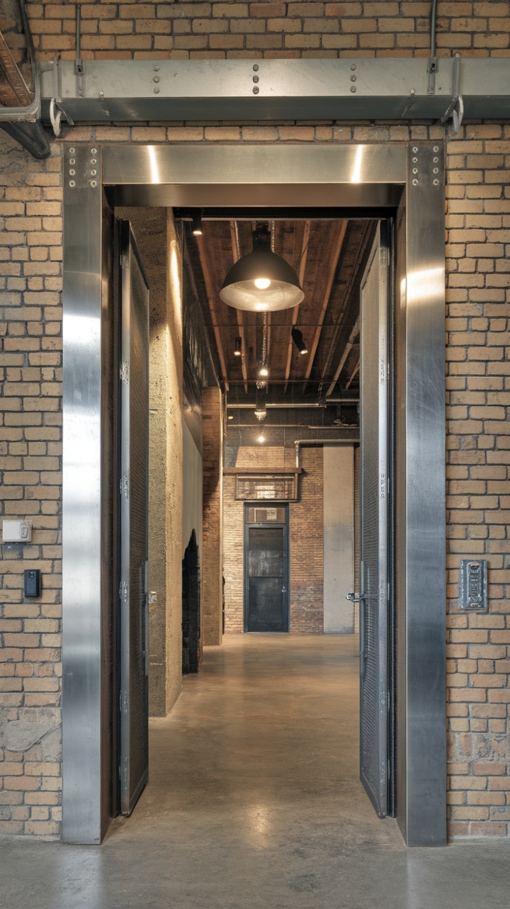 This warehouse-inspired foyer is a masterclass in industrial design. A striking metallic door frame anchors the space, its raw beauty complemented by exposed brick walls and bold metallic accents. The expansive ceiling showcases a dramatic industrial light fixture, casting a warm glow on the polished concrete floor. A glimpse into the warehouse beyond hints at the expansive living space awaiting within.
