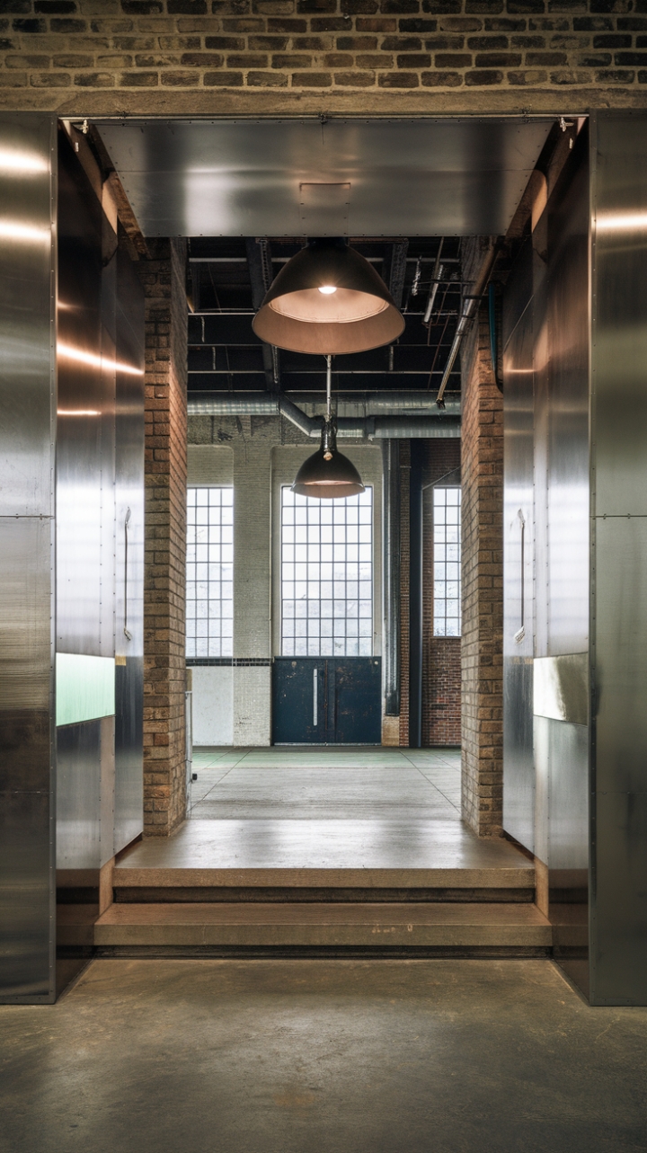 Raw urban grit meets refined industrial chic in this breathtaking loft entryway. Exposed brick, a concrete floor, and metallic accents create a dramatic backdrop, while the warehouse-style windows flood the space with natural light, blurring the lines between indoors and out. The oversized industrial light fixture adds a touch of edgy glamour, perfectly complementing the space's inherent texture and character.