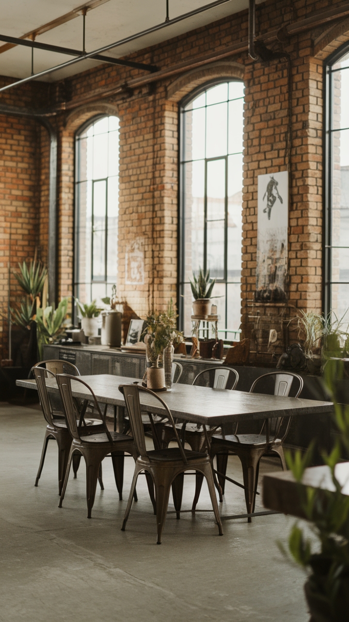 Raw urban grit meets refined industrial chic in this loft dining space. Exposed brick whispers stories of the building's past, while a long, rustic wooden table anchors the room, surrounded by vintage metal chairs and lush greenery. The perfect blend of texture and style for the modern urban dweller.