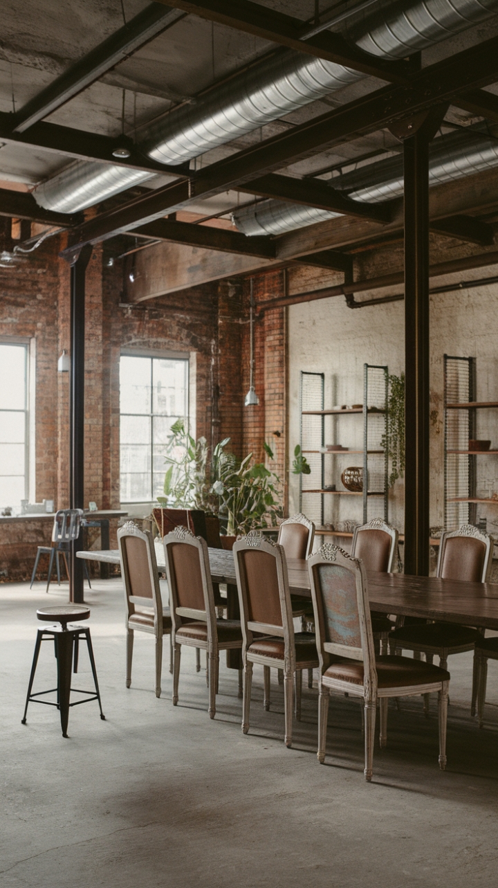 Loft living redefined. Imagine dinner parties under exposed brick and the gleam of metal beams in this breathtaking dining area. A weathered wood table anchors the space, surrounded by a collection of vintage chairs, each telling a story. The concrete floor and carefully chosen metal accents create a sophisticated industrial aesthetic, softened by the lush greenery of a potted plant. A space where rustic charm meets contemporary cool.