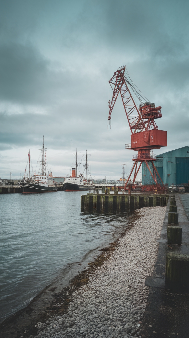 Raw, refined, and undeniably captivating. This coastal industrial scene marries the rugged charm of a working harbor—complete with a majestic red crane and distant cargo ships—with the sleek sophistication of white pebble shores and weathered wood. A perfect blend of maritime grit and chic design.