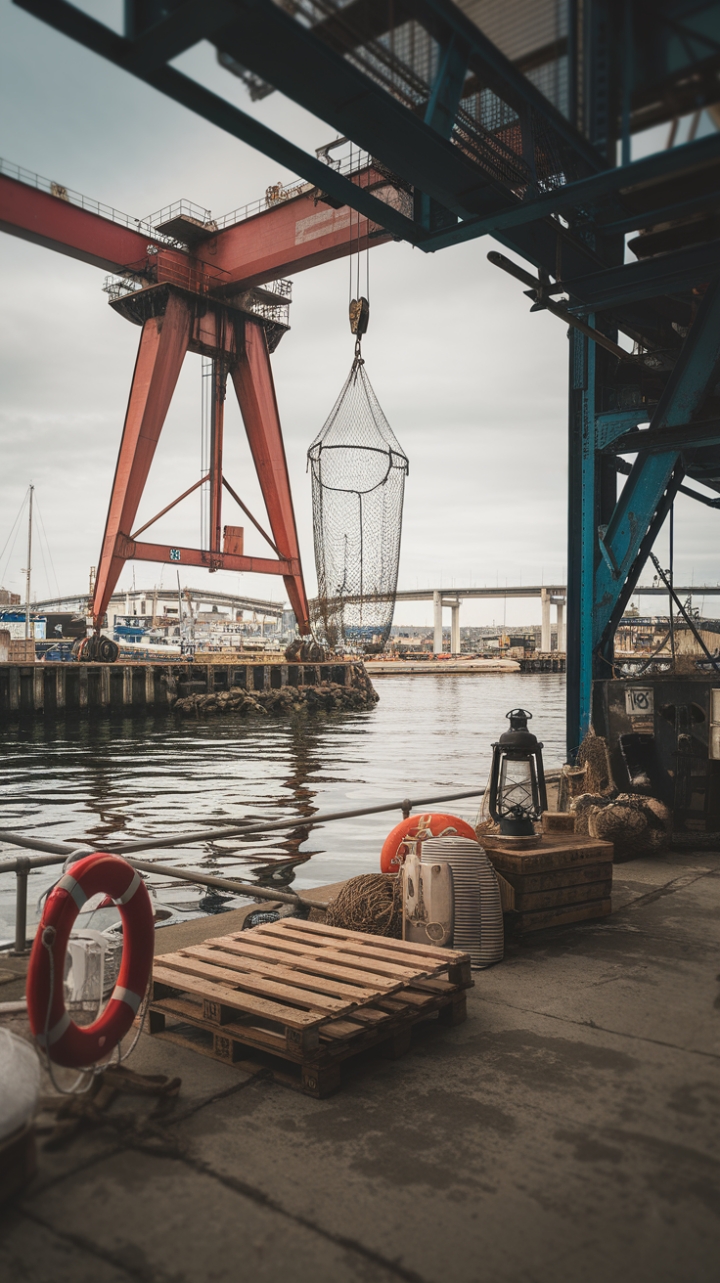Raw, rustic, and undeniably chic. This coastal industrial haven marries the grit of a working harbor with the warmth of nautical charm. A colossal red crane, a fisherman's net, and weathered wooden pallets create a dramatic backdrop for a lifebuoy and lantern, whispering tales of seafaring adventures. The harbor's bustling energy, glimpsed through the scene, completes this captivating tableau of industrial-chic coastal design.