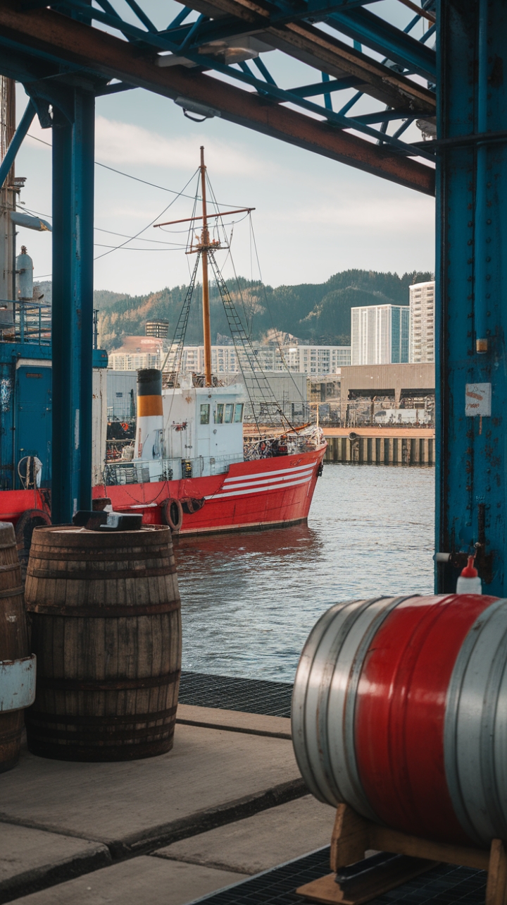 Where rugged industrial charm meets the serene coastal breeze. A vibrant red ship, striped like a candy cane, anchors a scene of captivating contrast: modern cityscapes reflected in the harbor's still waters, juxtaposed with weathered wooden barrels and metallic drums, whispering tales of seafaring adventures.