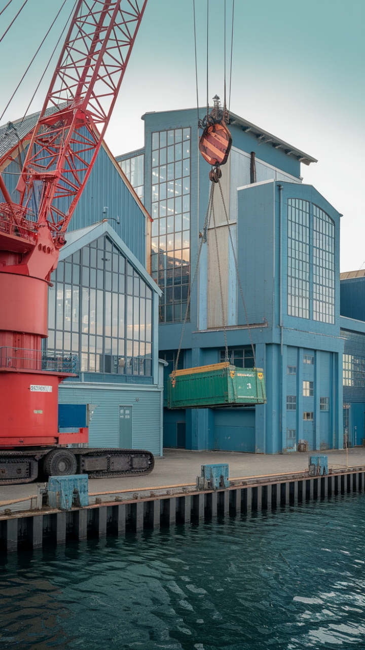 Raw industrial grit meets nautical charm in this breathtaking coastal scene. A colossal red crane, poised against a backdrop of sleek, blue-grey buildings, hoists a vibrant green container, creating a dynamic interplay of color and texture. Steel beams trace the water's edge, while a gravel ground adds a touch of rugged sophistication. This is where urban edge meets seaside serenity.